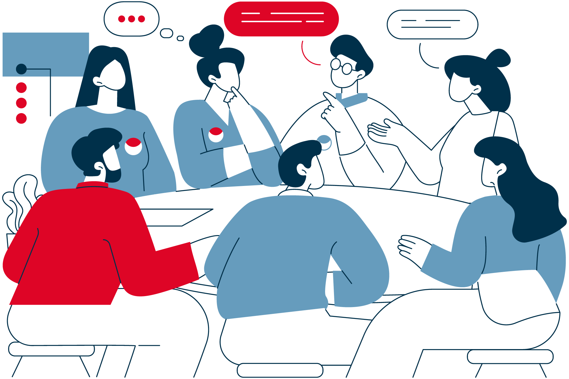 Illustration von sieben Personen, die an einem runden Tisch sitzen und in einer lebhaften Diskussion miteinander sprechen.